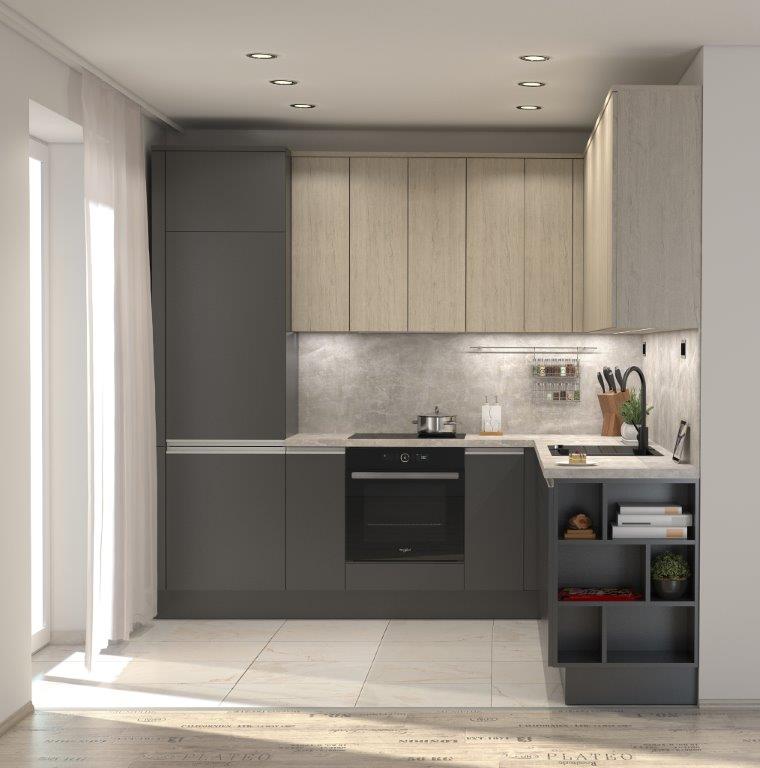 Moderní kuchyň DE‑LI 20 s šedými a světlo dřevěnými skříňkami, vestavěnou troubou a minimalistickým designem.
