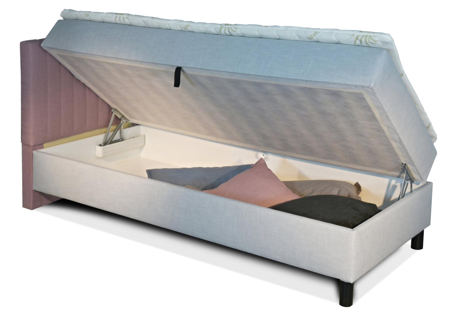 Čalouněná postel Diva s výklopným úložným prostorem – otevřený rošt a prostorný úložný box, růžovo-bílý design