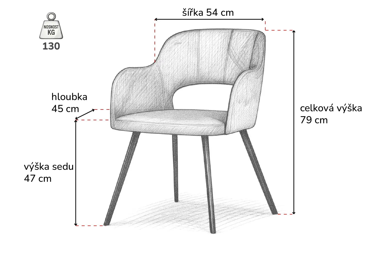 Perokresba čalouněné jídelní židle F680-M s područkami a kovovou podnoží.
