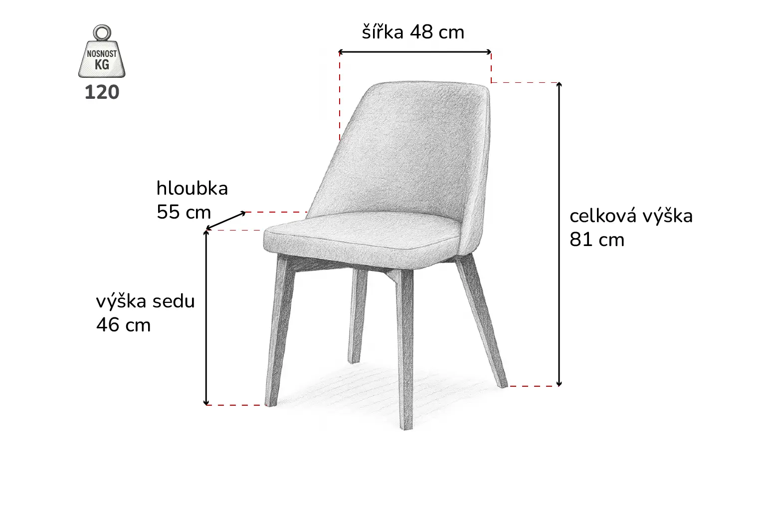 Perokresba židle Flavio s čalouněným sedákem a opěrkou, bez područek, s kónickými nohami.