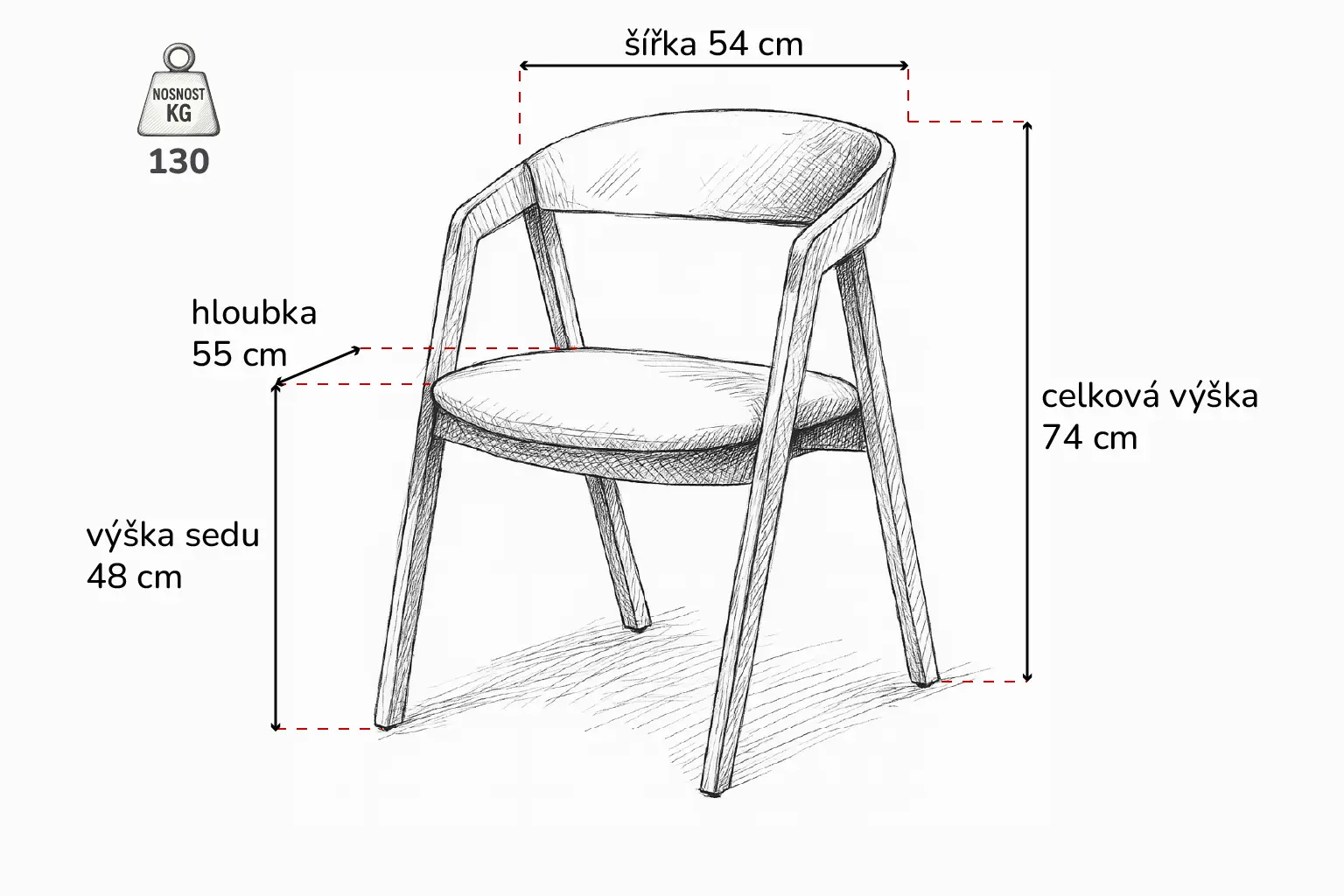 Perokresba jídelní židle Guru z dubového masivu s čalouněným sedákem a područkami, včetně rozměrů a nosnosti.